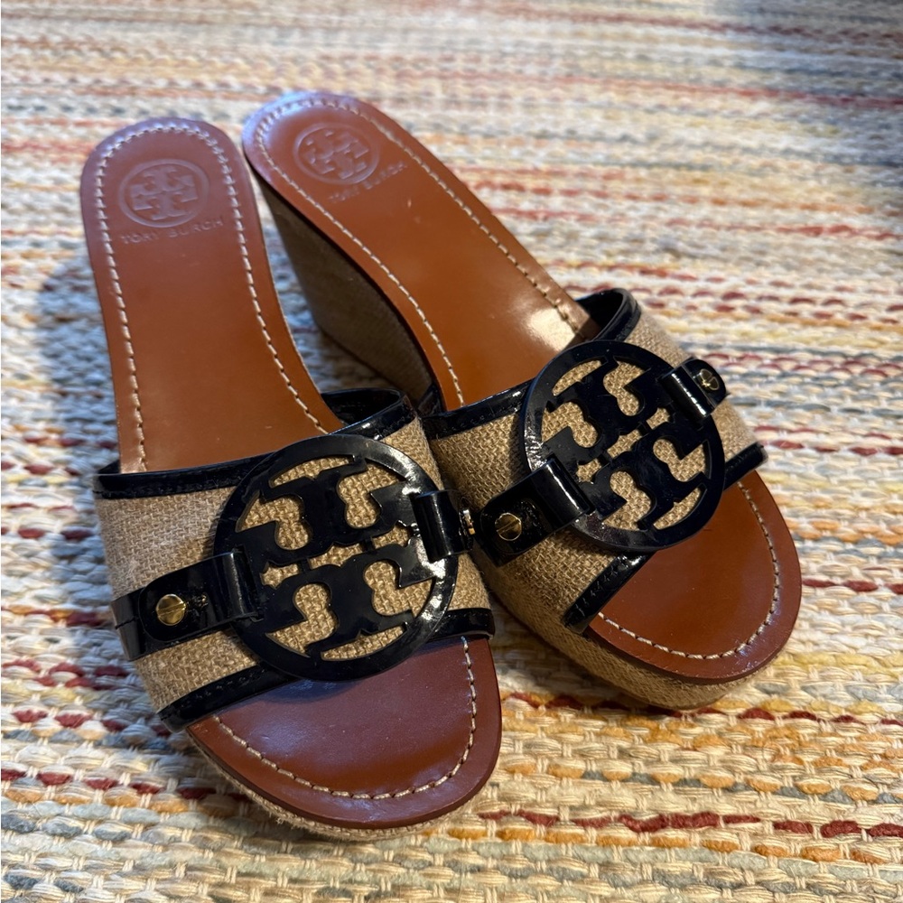 Tory Burch Black and Tan Wedge Sandals